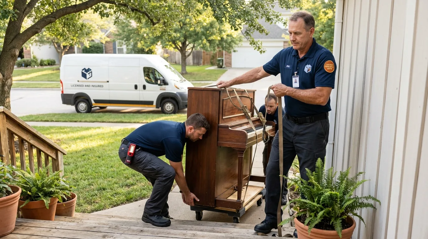 Licensed piano movers securing grand piano in Rockwell, NC