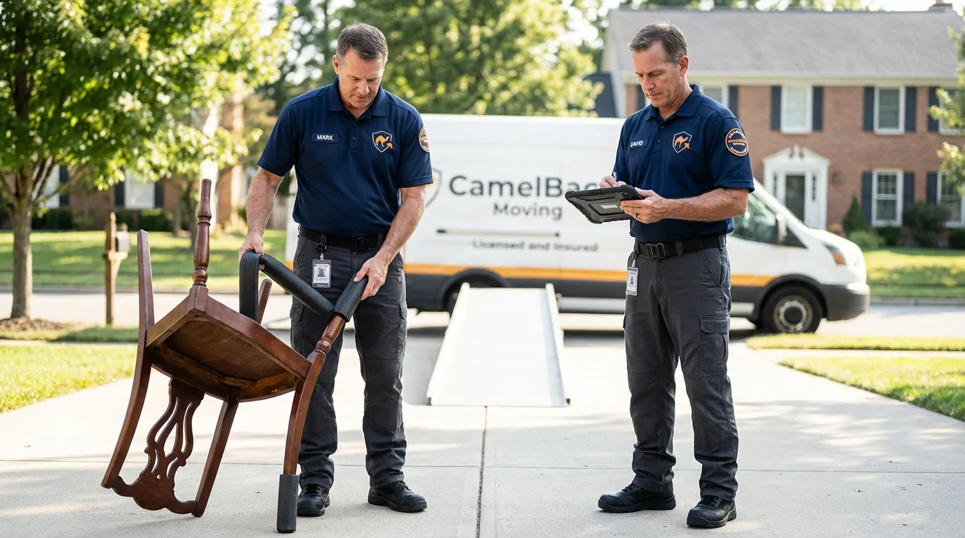 Movers inspecting furniture for damage prevention before loading in Rockwell, NC