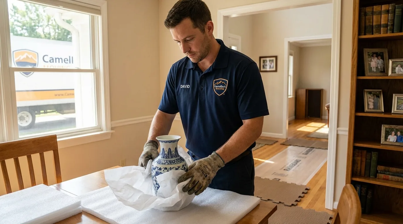 Professional crew carefully wrapping antique vase for senior downsizing move in Rockwell, NC